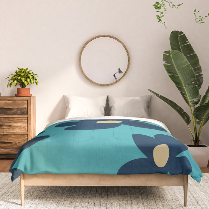 Turquoise Navy Flowers Minimalist Artwork Comforter Gallery Image 3