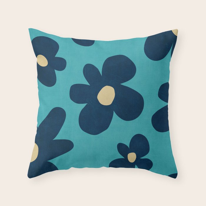 Turquoise Navy Flowers Minimalist Artwork Throw Pillow Gallery Image 1