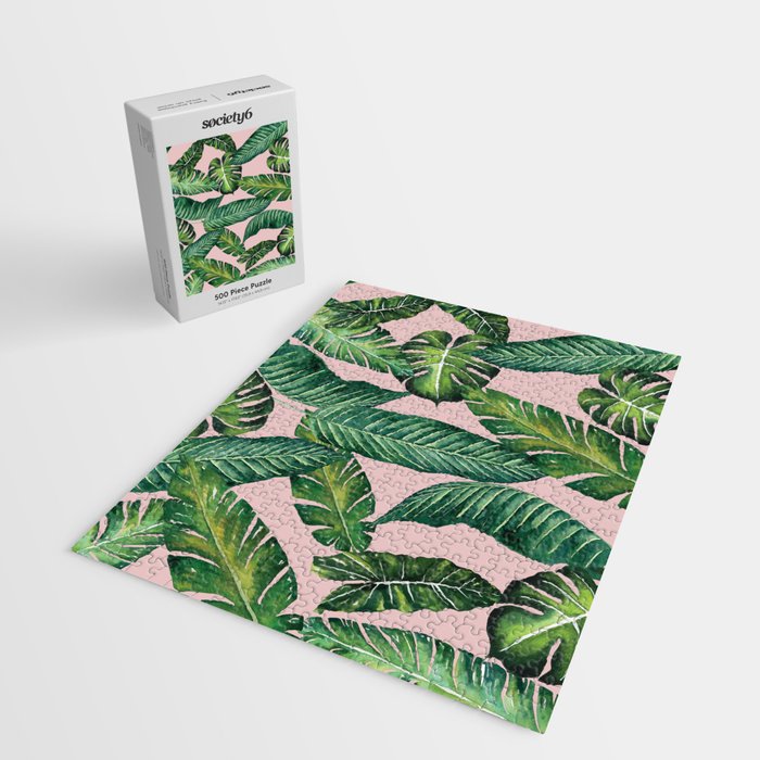 Jungle Leaves, Banana, Monstera II Pink  Jigsaw Puzzle Gallery Image 2
