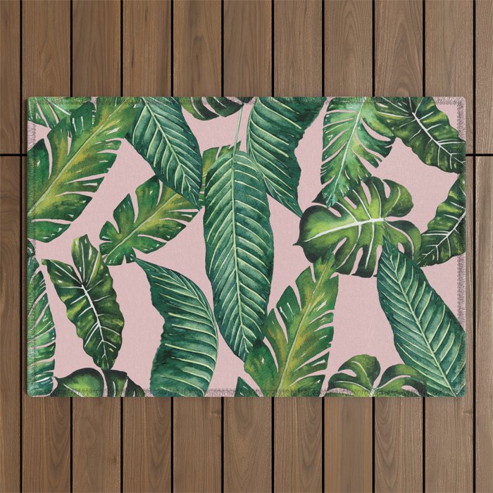 Jungle Leaves, Banana, Monstera II Pink  Outdoor Rug Gallery Image 1