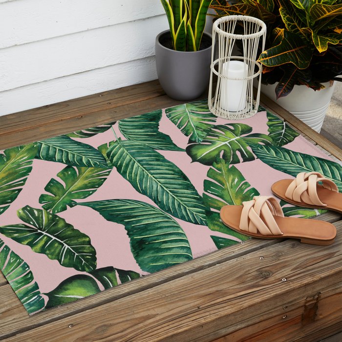 Jungle Leaves, Banana, Monstera II Pink  Outdoor Rug Gallery Image 2