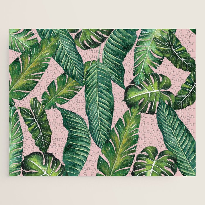 Jungle Leaves, Banana, Monstera II Pink  Jigsaw Puzzle Gallery Image 1