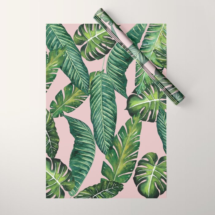 Jungle Leaves, Banana, Monstera II Pink  Wrapping Paper Gallery Image 1