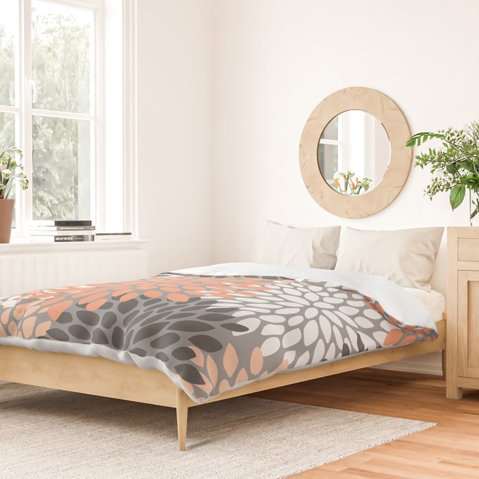 Floral Pattern, Coral, Gray, White Duvet Cover Gallery Image 2