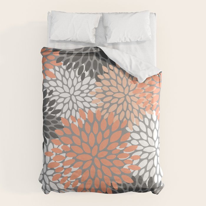 Floral Pattern, Coral, Gray, White Duvet Cover Gallery Image 6