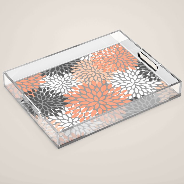 Floral Pattern, Coral, Gray, White Acrylic Tray Gallery Image 1