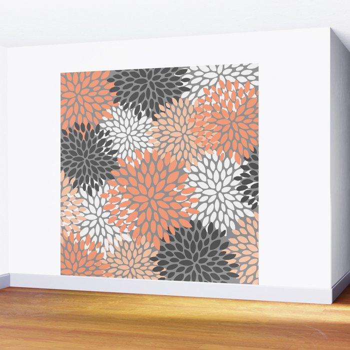 Floral Pattern, Coral, Gray, White Wall Mural Gallery Image 2