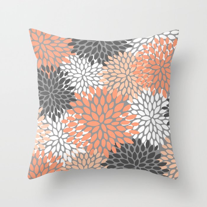 Floral Pattern, Coral, Gray, White Throw Pillow Gallery Image 6