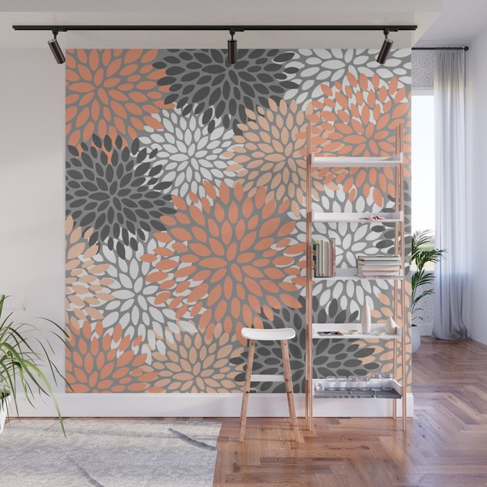 Floral Pattern, Coral, Gray, White Wall Mural Gallery Image 1