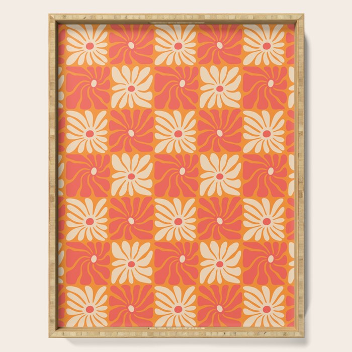 Retro checkered flower art pattern Serving Tray Gallery Image 1