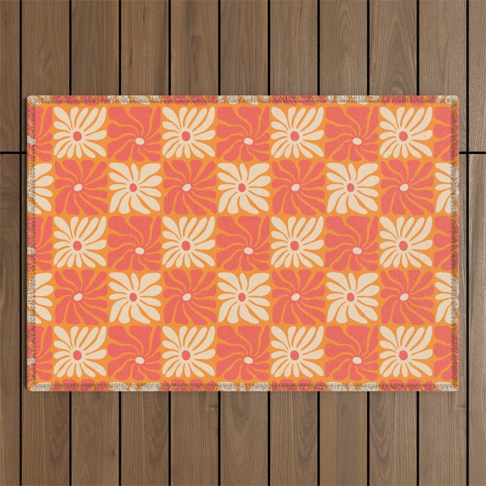 Retro checkered flower art pattern Outdoor Rug Gallery Image 1
