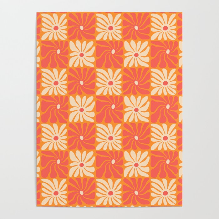 Retro checkered flower art pattern Poster Gallery Image 1