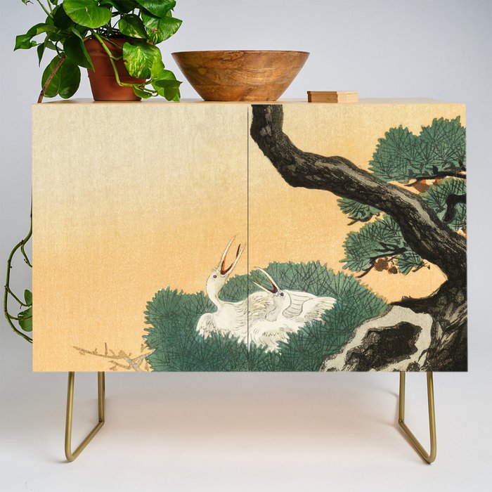 Crane and its chicks on a pine tree  - Vintage Japanese Woodblock Print Art Credenza Gallery Image 1