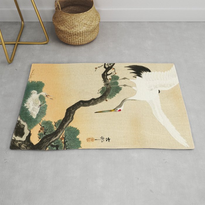 Crane and its chicks on a pine tree  - Vintage Japanese Woodblock Print Art Rug Gallery Image 1
