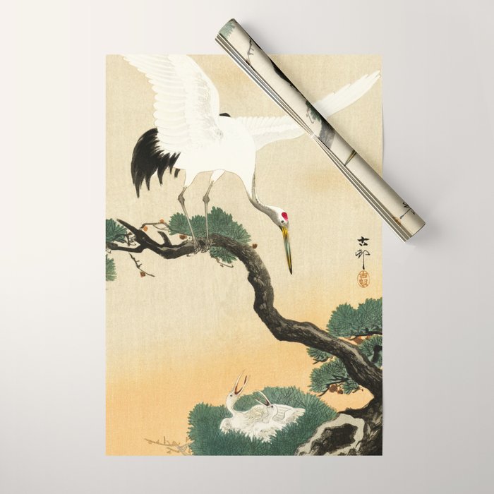 Crane and its chicks on a pine tree  - Vintage Japanese Woodblock Print Art Wrapping Paper Gallery Image 1