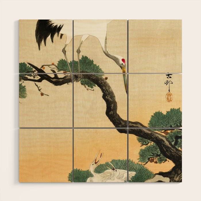 Crane and its chicks on a pine tree  - Vintage Japanese Woodblock Print Art Wood Wall Art Gallery Image 1