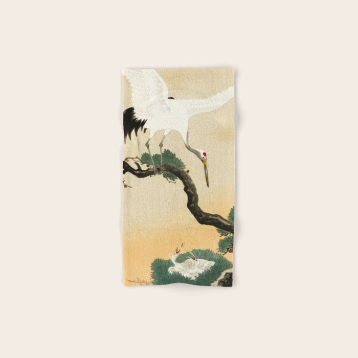 Crane and its chicks on a pine tree  - Vintage Japanese Woodblock Print Art Bath Towel Gallery Image 1