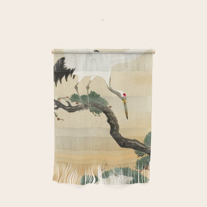 Crane and its chicks on a pine tree  - Vintage Japanese Woodblock Print Art Wall Hanging Gallery Image 1