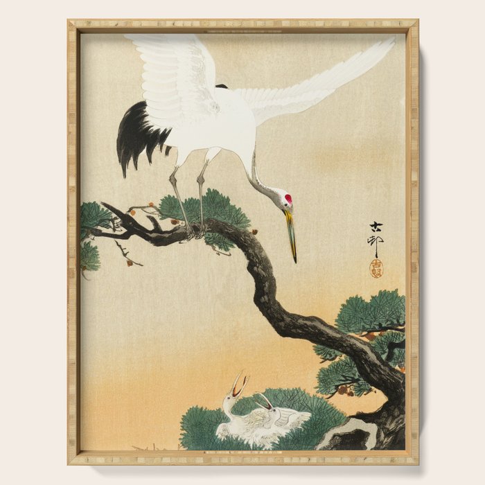 Crane and its chicks on a pine tree  - Vintage Japanese Woodblock Print Art Serving Tray Gallery Image 1