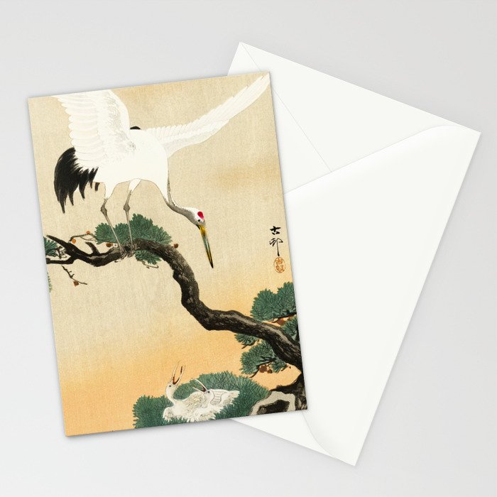 Crane and its chicks on a pine tree  - Vintage Japanese Woodblock Print Art Stationery Card Gallery Image 2