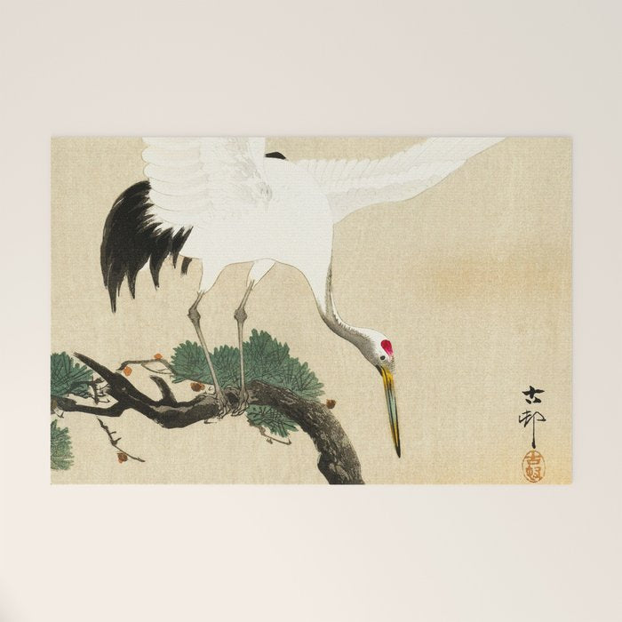 Crane and its chicks on a pine tree  - Vintage Japanese Woodblock Print Art Welcome Mat Gallery Image 1