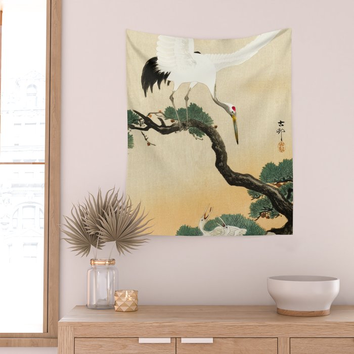 Crane and its chicks on a pine tree  - Vintage Japanese Woodblock Print Art Wall Tapestry Gallery Image 2