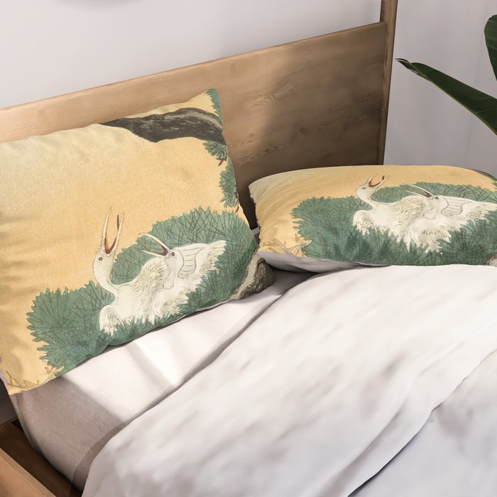Crane and its chicks on a pine tree  - Vintage Japanese Woodblock Print Art Pillow Sham Gallery Image 2