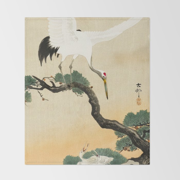 Crane and its chicks on a pine tree  - Vintage Japanese Woodblock Print Art Throw Blanket Gallery Image 2