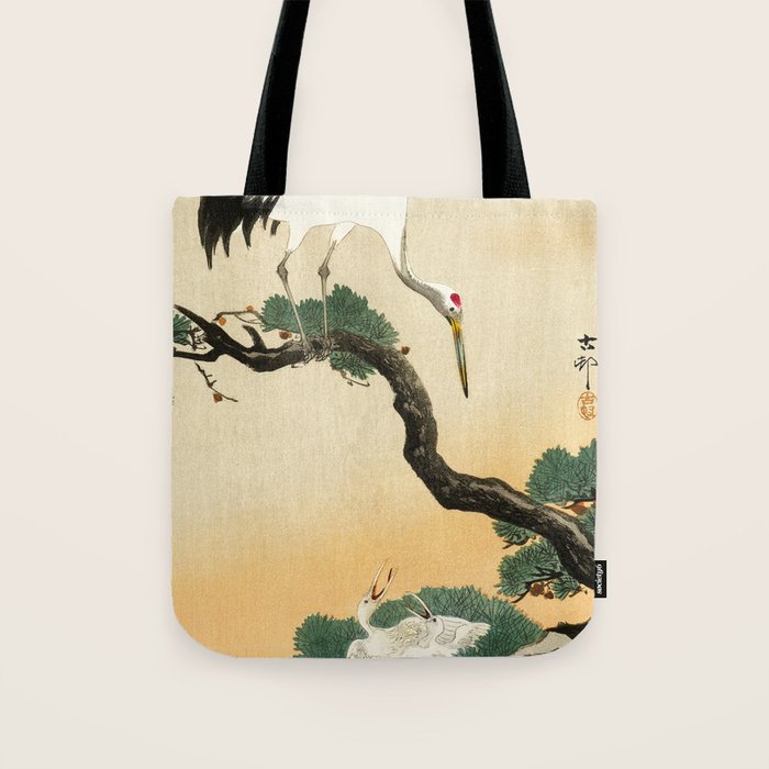 Crane and its chicks on a pine tree  - Vintage Japanese Woodblock Print Art Tote Bag Gallery Image 1