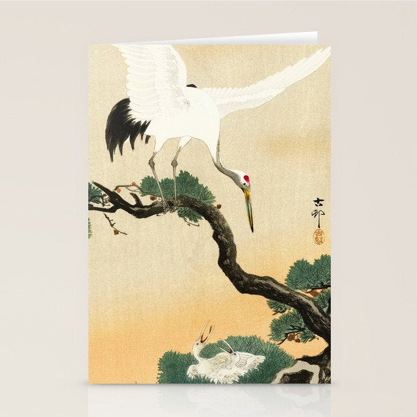 Crane and its chicks on a pine tree  - Vintage Japanese Woodblock Print Art Stationery Card Gallery Image 2