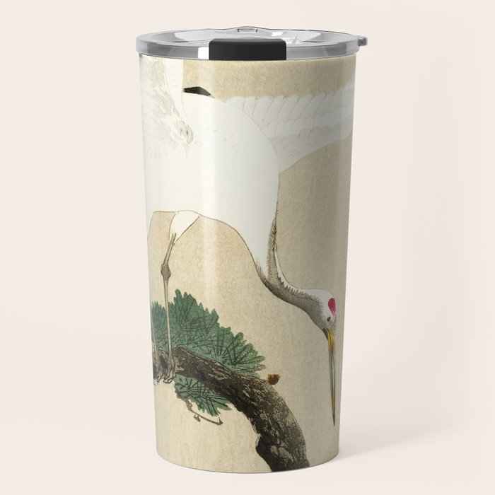 Crane and its chicks on a pine tree  - Vintage Japanese Woodblock Print Art Travel Mug Gallery Image 1