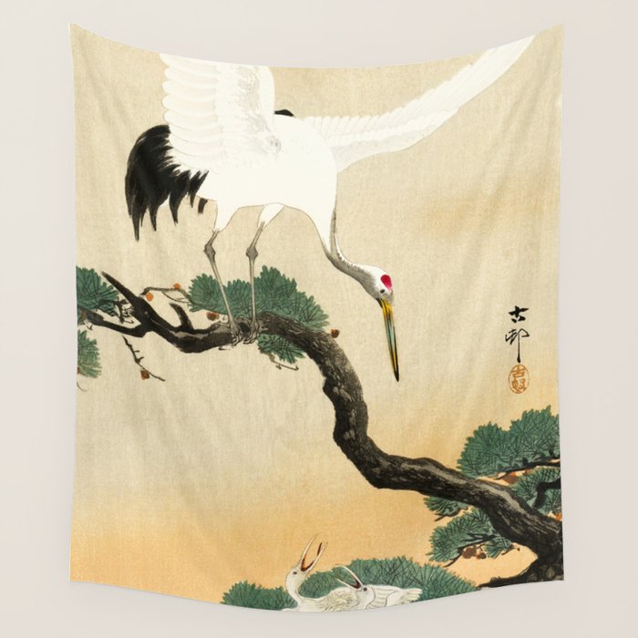 Crane and its chicks on a pine tree  - Vintage Japanese Woodblock Print Art Wall Tapestry Gallery Image 1