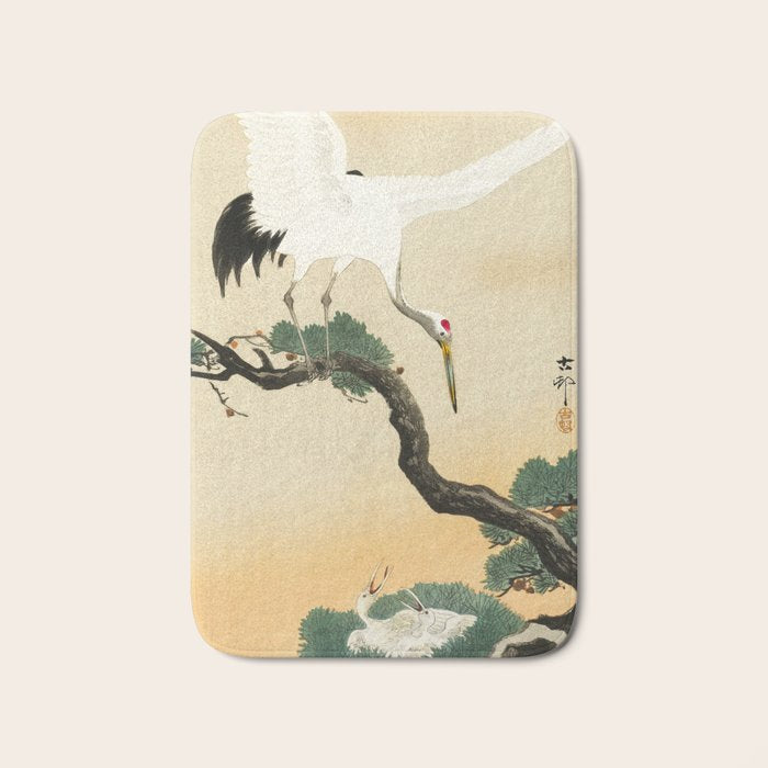 Crane and its chicks on a pine tree  - Vintage Japanese Woodblock Print Art Bath Mat Gallery Image 1
