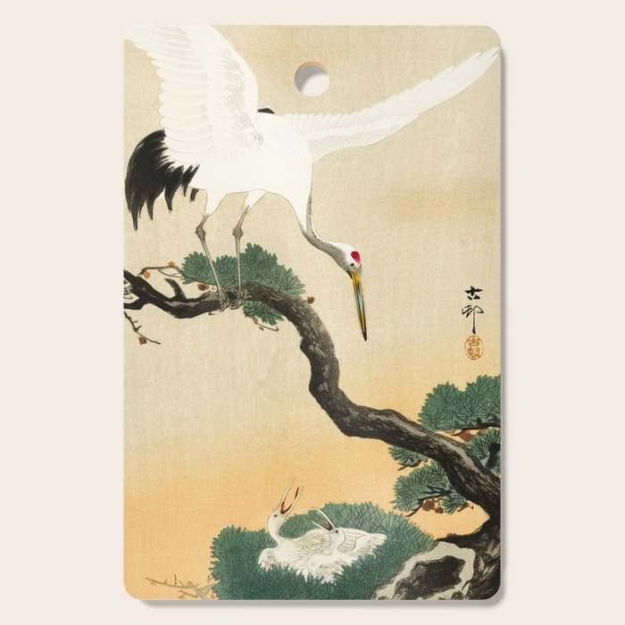 Crane and its chicks on a pine tree  - Vintage Japanese Woodblock Print Art Cutting Board Gallery Image 1