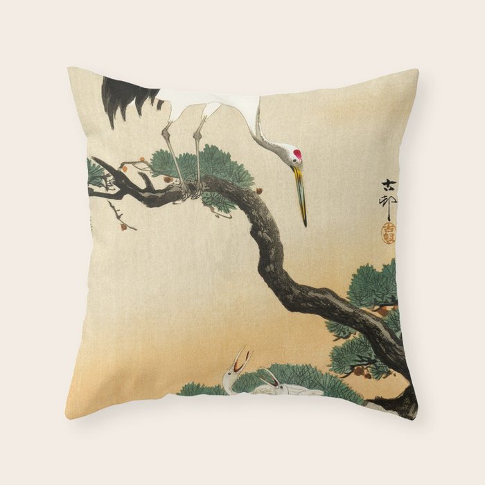 Crane and its chicks on a pine tree  - Vintage Japanese Woodblock Print Art Throw Pillow Gallery Image 6