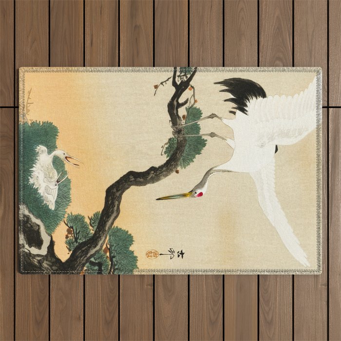 Crane and its chicks on a pine tree  - Vintage Japanese Woodblock Print Art Outdoor Rug Gallery Image 1