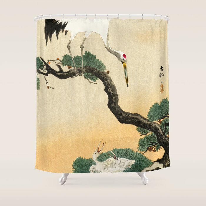 Crane and its chicks on a pine tree  - Vintage Japanese Woodblock Print Art Shower Curtain Gallery Image 1