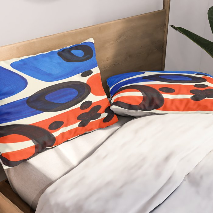 Blue Orange Fun Colorful Mid Century Modern Abstract Painting Shapes Pattern Pillow Sham Gallery Image 2