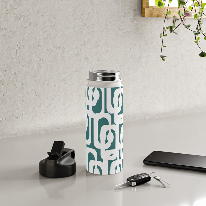 Mid Century Modern Loops Contemporary Abstract Pattern in White and Deep Teal Water Bottle Gallery Image 4