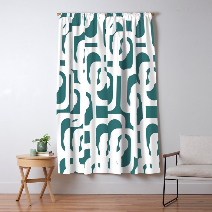 Mid Century Modern Loops Contemporary Abstract Pattern in White and Deep Teal Window Curtain Gallery Image 5