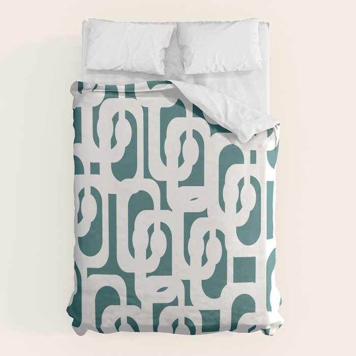 Mid Century Modern Loops Contemporary Abstract Pattern in White and Deep Teal Duvet Cover Gallery Image 1