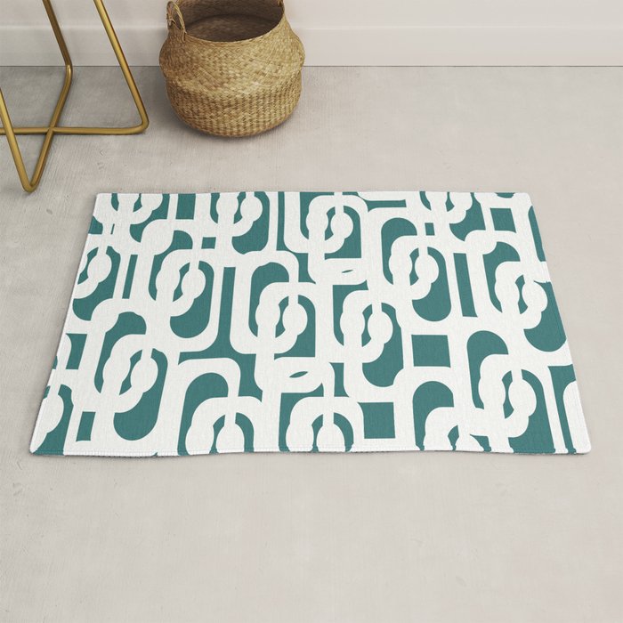 Mid Century Modern Loops Contemporary Abstract Pattern in White and Deep Teal Rug Gallery Image 1