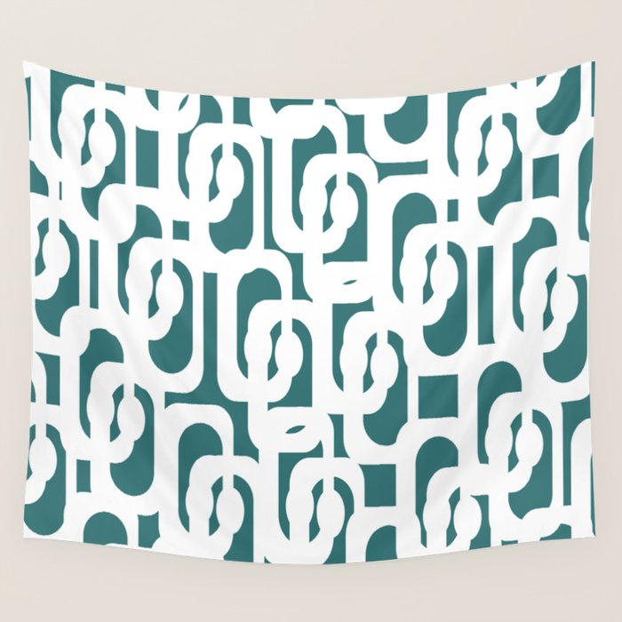 Mid Century Modern Loops Contemporary Abstract Pattern in White and Deep Teal Wall Tapestry Gallery Image 1