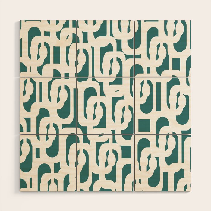 Mid Century Modern Loops Contemporary Abstract Pattern in White and Deep Teal Wood Wall Art Gallery Image 1