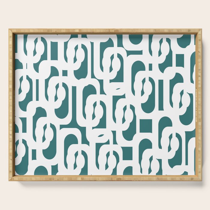 Mid Century Modern Loops Contemporary Abstract Pattern in White and Deep Teal Serving Tray Gallery Image 1
