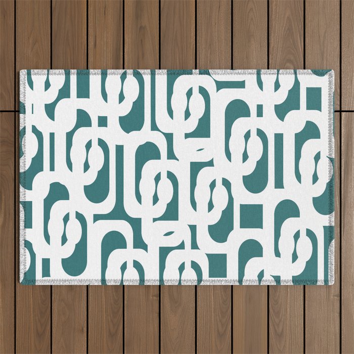 Mid Century Modern Loops Contemporary Abstract Pattern in White and Deep Teal Outdoor Rug Gallery Image 1