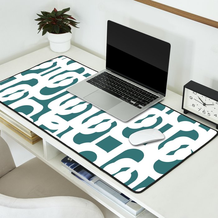 Mid Century Modern Loops Contemporary Abstract Pattern in White and Deep Teal Desk Mat Gallery Image 2