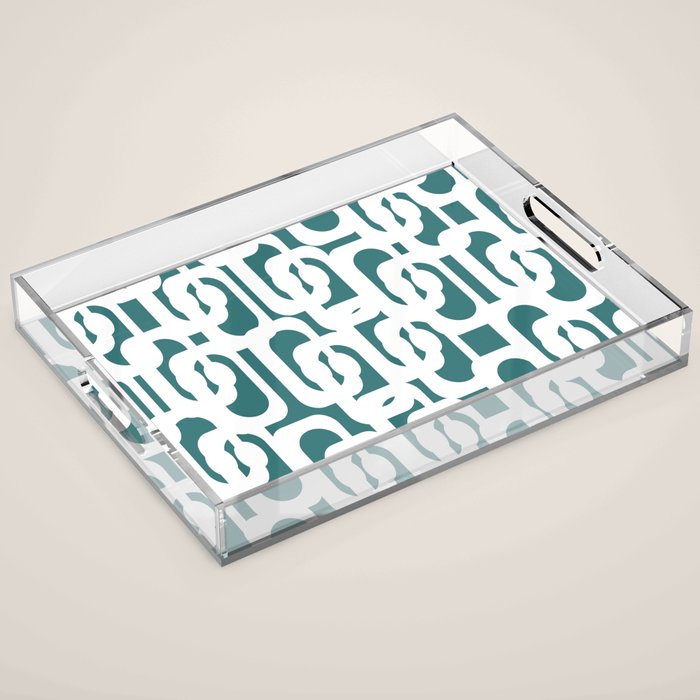 Mid Century Modern Loops Contemporary Abstract Pattern in White and Deep Teal Acrylic Tray Gallery Image 1