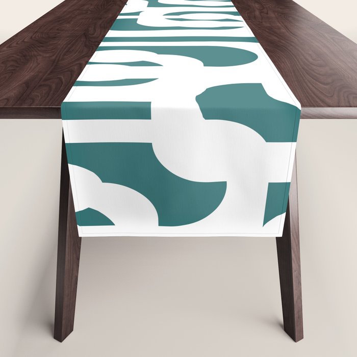 Mid Century Modern Loops Contemporary Abstract Pattern in White and Deep Teal Table Runner