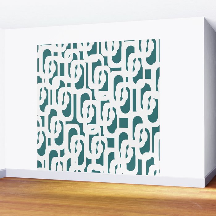 Mid Century Modern Loops Contemporary Abstract Pattern in White and Deep Teal Wall Mural Gallery Image 2